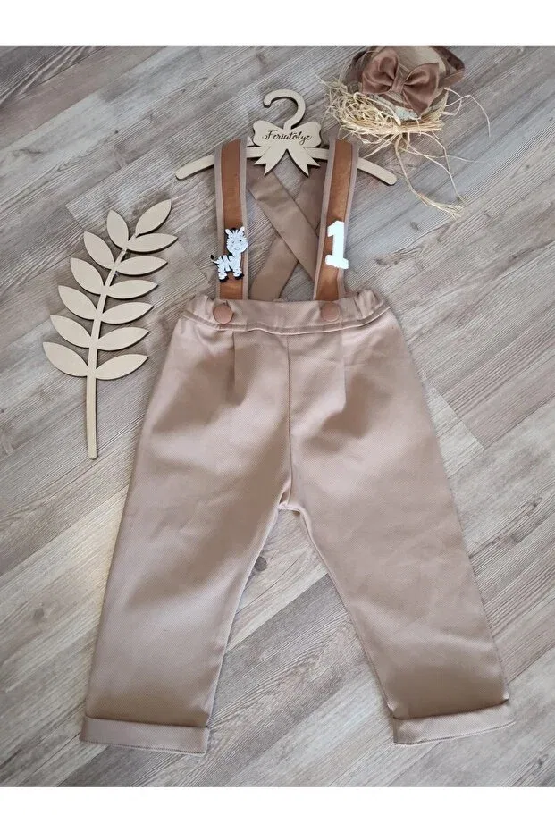 Детский комбинезон для мальчиков хлопковый Camel Tan Baby Boy Salopet Safari Concept 1st Year Birthday Outfit with Zebra Figure Feriatolye, Camel — фото 2