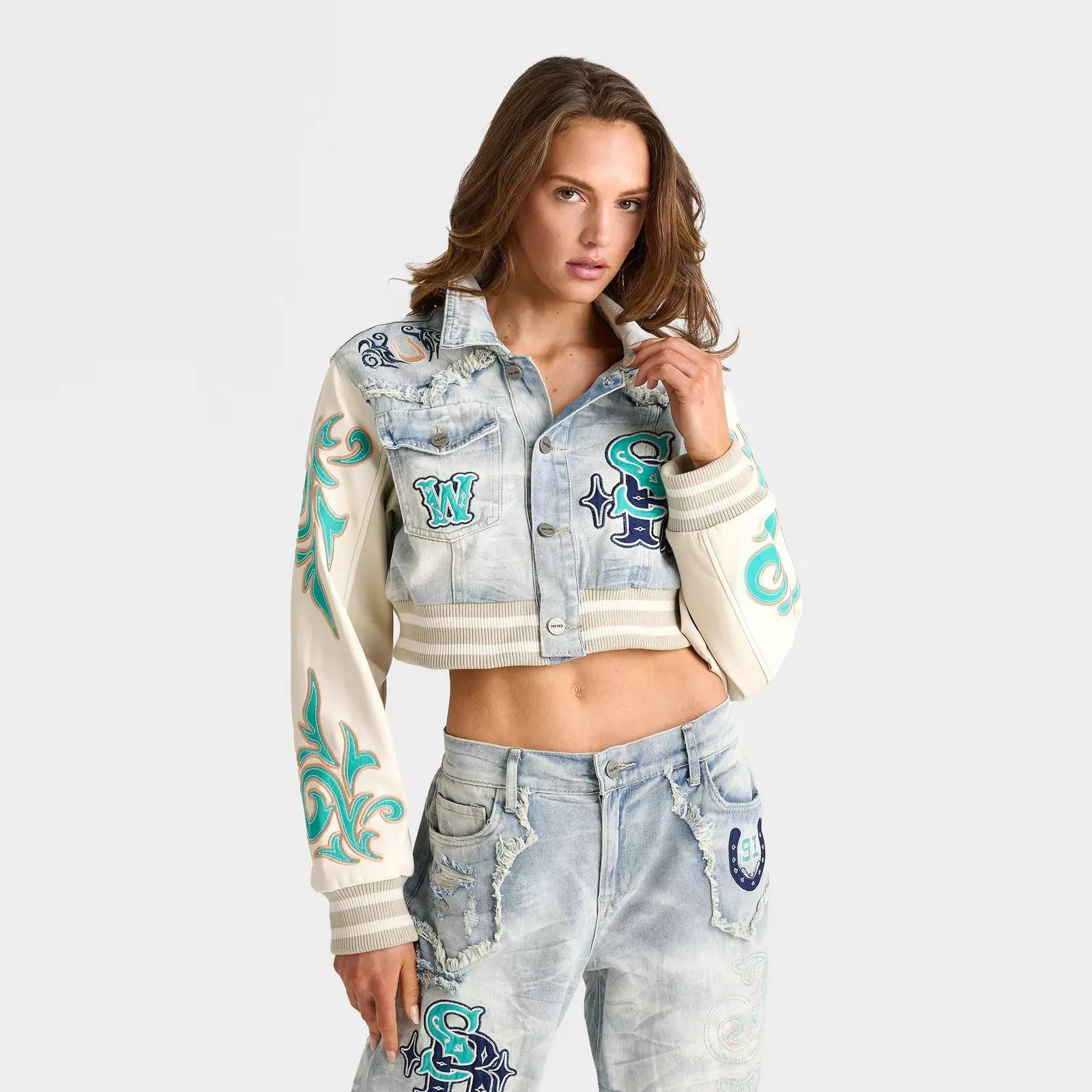 

Бомбер Women's Smoke Rise Sarah Trucker Cropped Denim, голубой/бежевый