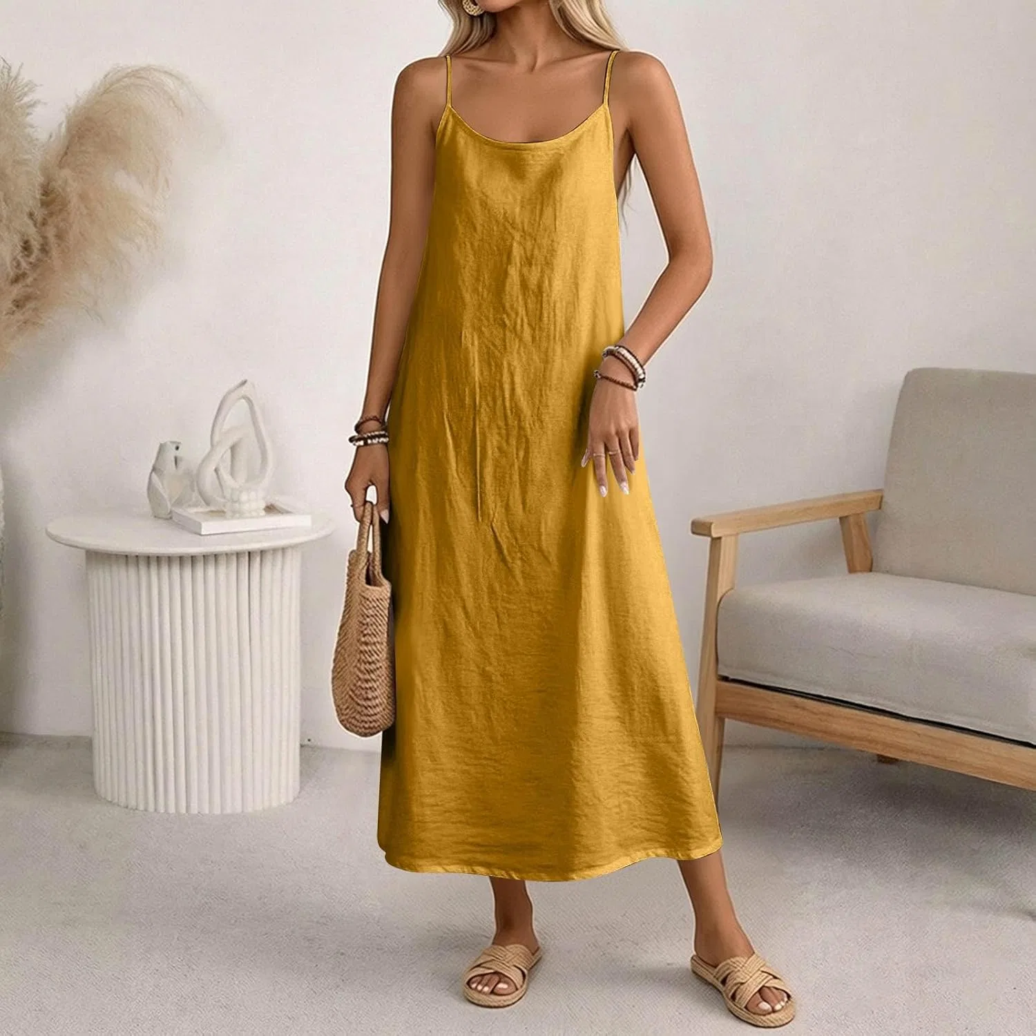 Женское летнее макси-платье на бретелях Cotton Linen, Yellow — фото 2