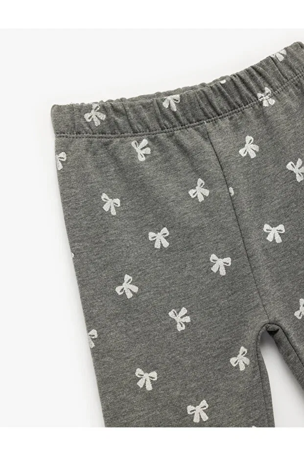 Детские леггинсы для девочек с принтом Raised Waist Elastic Waist Bow Patterned Leggings Koton, Anthracite Patterned — фото 3