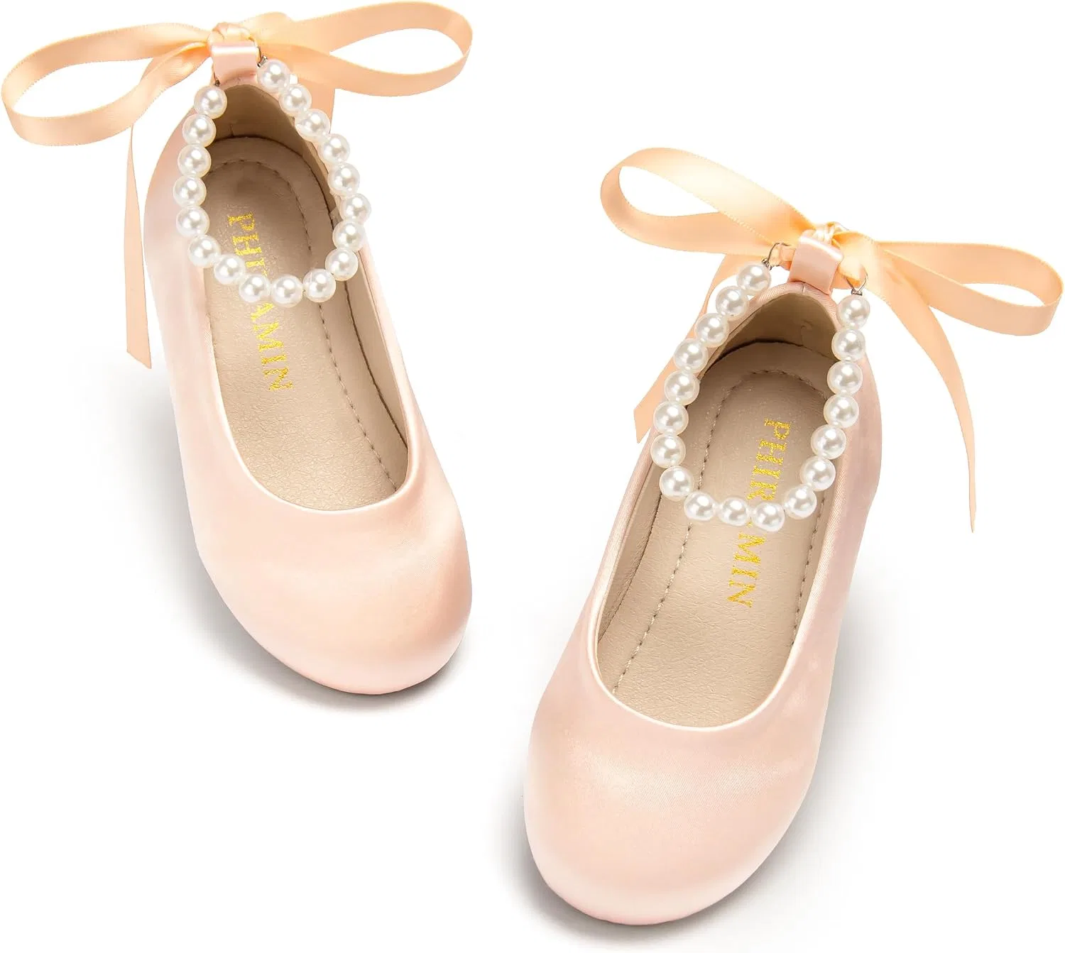 Детские туфли-балетки для девочек с жемчужным ремешком PHIRAMIN, Peach Pearl Strap