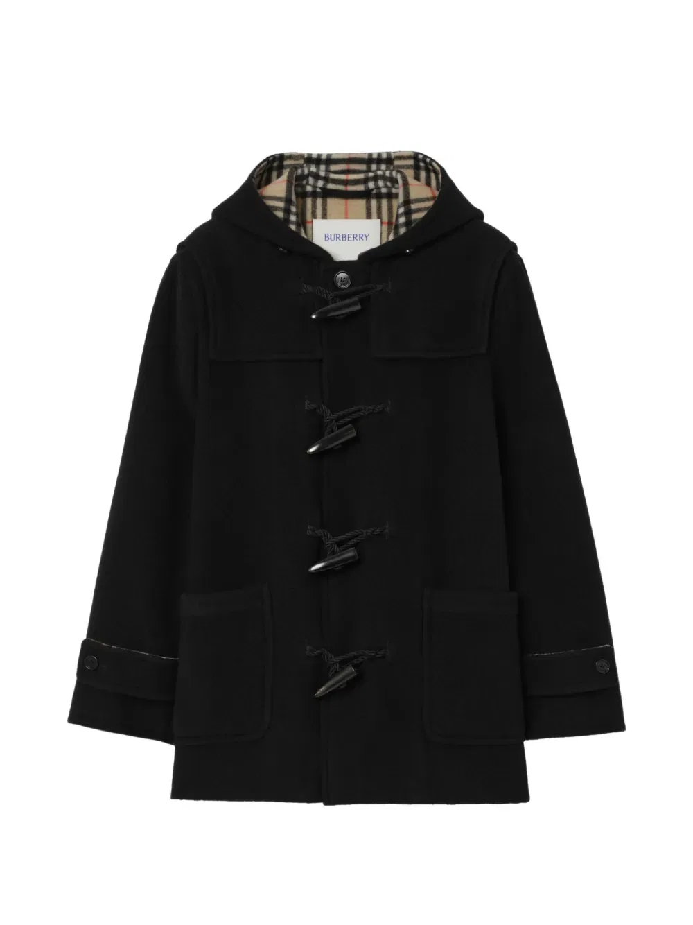 Шерстяное пальто-дафлкот в клетку с капюшоном Burberry, черный