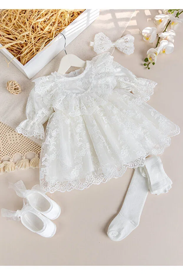 Детское платье для девочек кружевное 4-предметный комплект Guipure lace Babymod, Cream