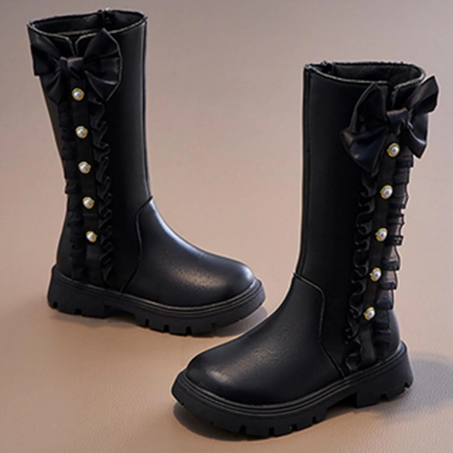 Детские ботинки для девочек с принтом, зимние, из полиуретана, модель Mid Calf Combat Boots, Black — фото 4