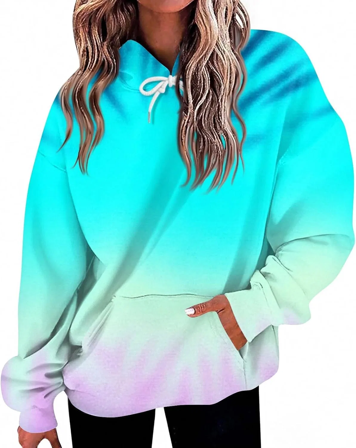 Женское худи оверсайз, с длинным рукавом, с карманом, 3-cyan