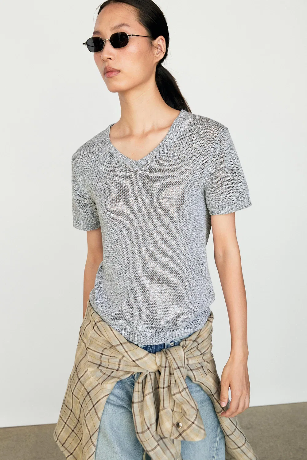 Топ Massimo Dutti Short Sleeve Knit, голубоватый