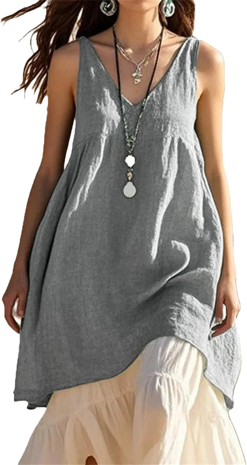 Летнее мини-платье без рукавов V-образным вырезом Cami Loose Swing, Grey