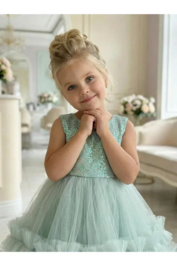Детское платье для девочек с пайетками с принтом Butikhappykids, Green — фото 4