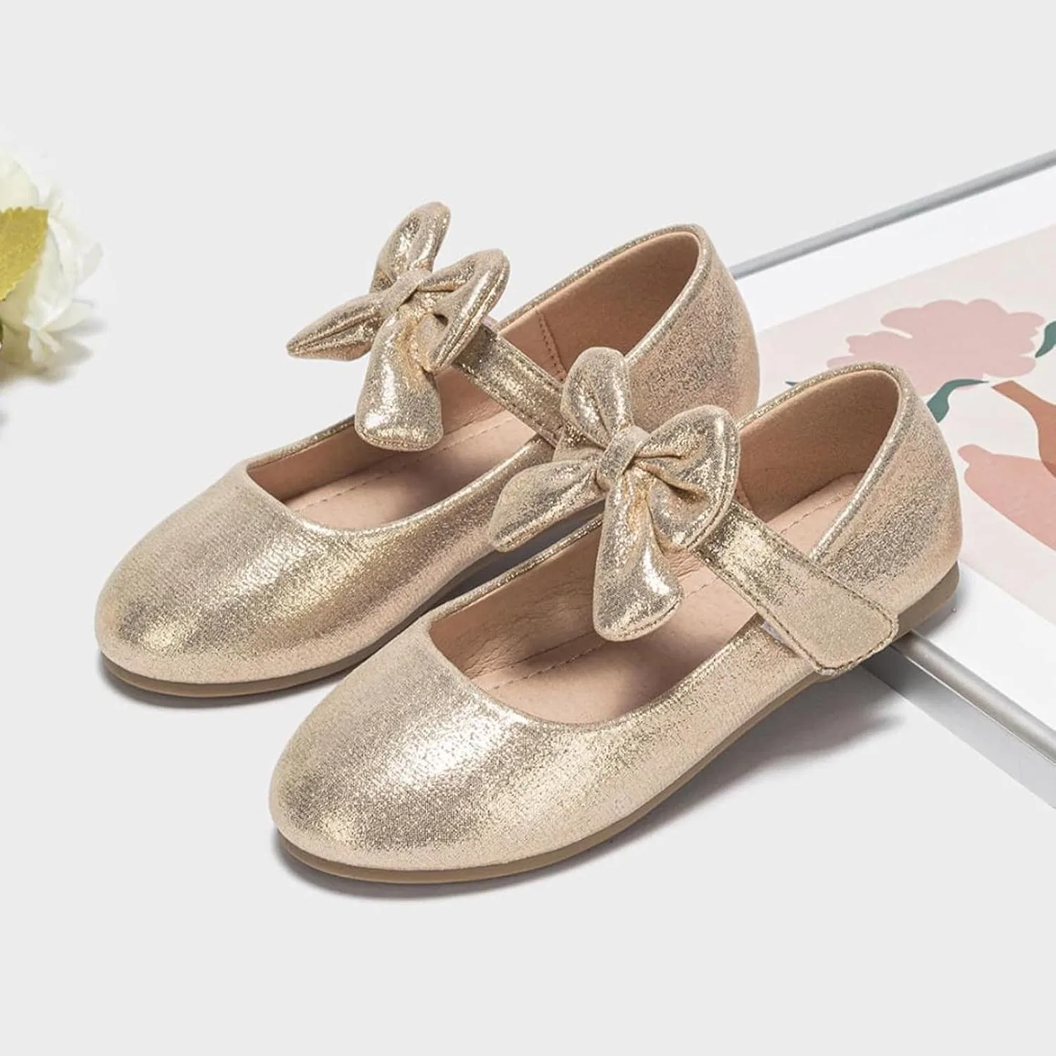 Детские балетки для девочек с бантом Mary Jane Shoes Ballet Bow, Gold — фото 3