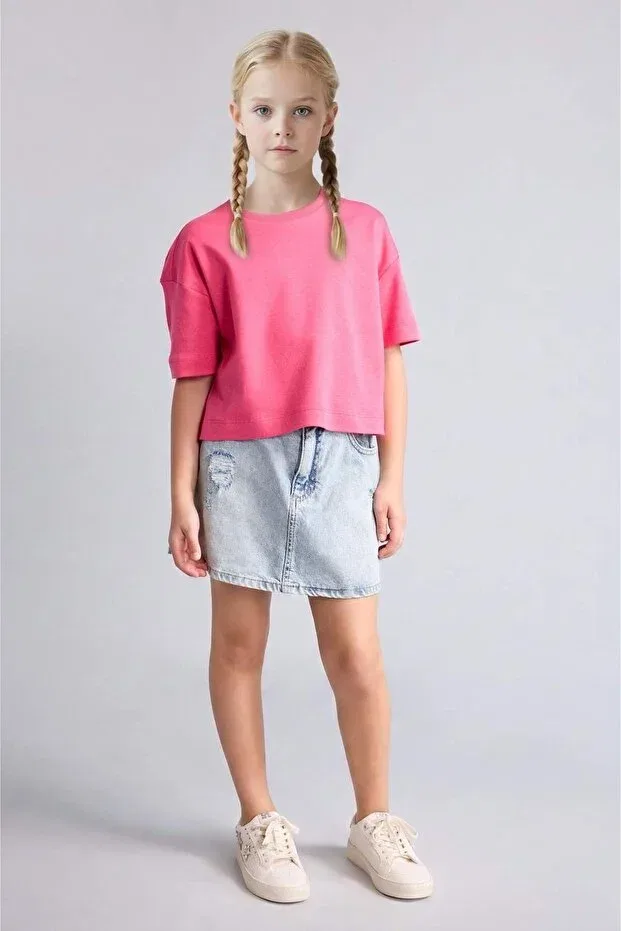 Детская футболка для девочек хлопковая Relax fit crew neck combed cotton short sleeve t-shirt for girls g1143a826sm Defacto, Pink-Pn178 — фото 2