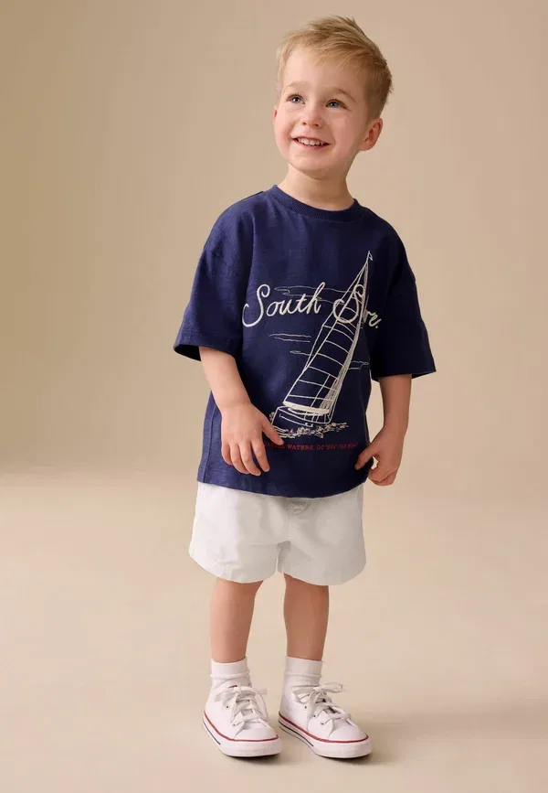 Шорты хлопковые Regular fit - pull on 5 pack Next navy chambray, tan, white, белый/темно-синий/бежевый