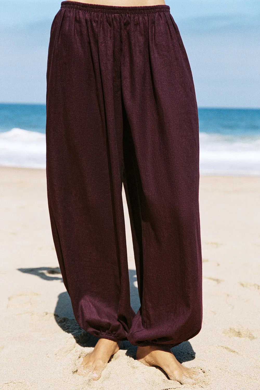 Брюки-саруэль из льняной смеси ZARA, Aubergine — фото 4