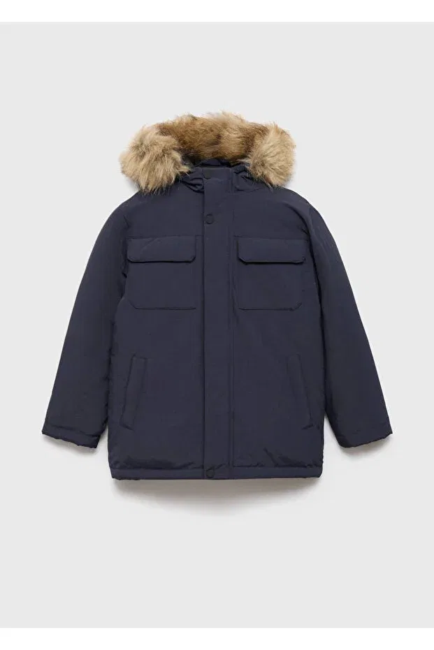 Детское пальто для девочек зимнее с капюшоном Mango Kids, Navy Blue — фото 2