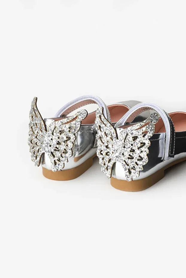 Детские туфли для девочек с каблуком Silver-Heeled girls' shoes with butterflies Le Mabelle, Silver — фото 3