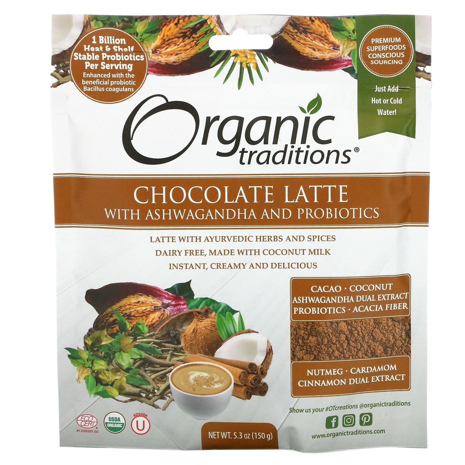 

Шоколадный Латте Organic Traditions с ашвагандой и пробиотиками, 150 г