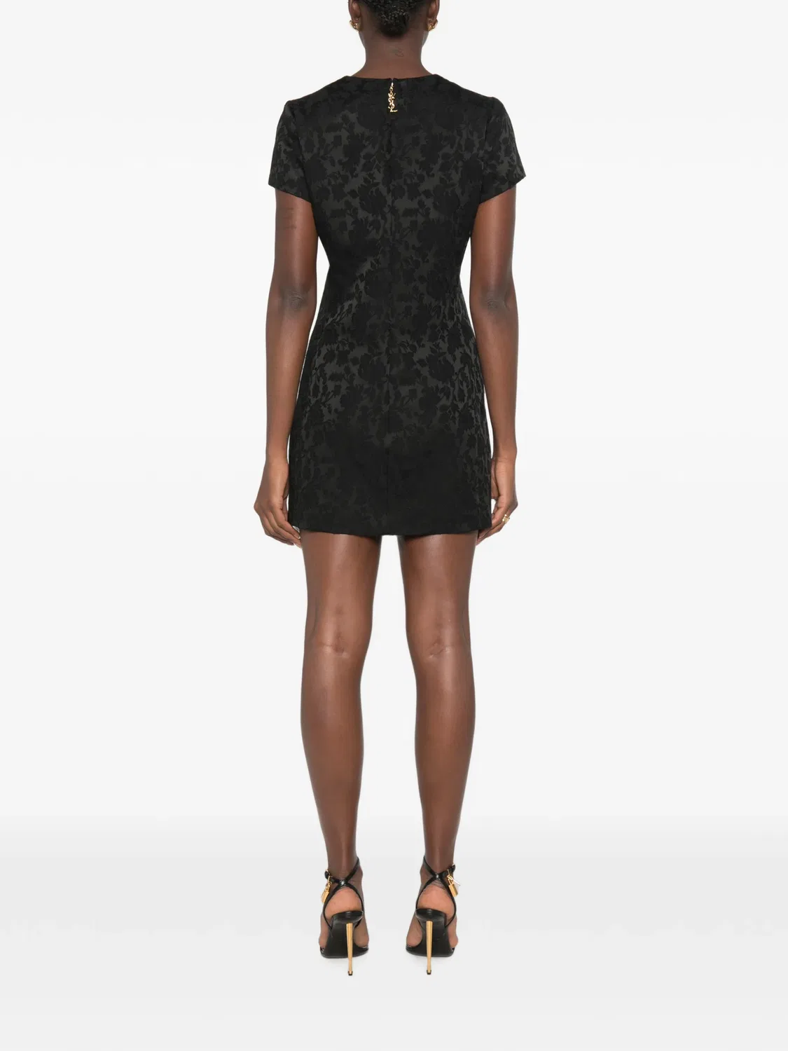 Мини-платье с короткими рукавами и цветочным жаккардовым узором Saint Laurent, черный — фото 4