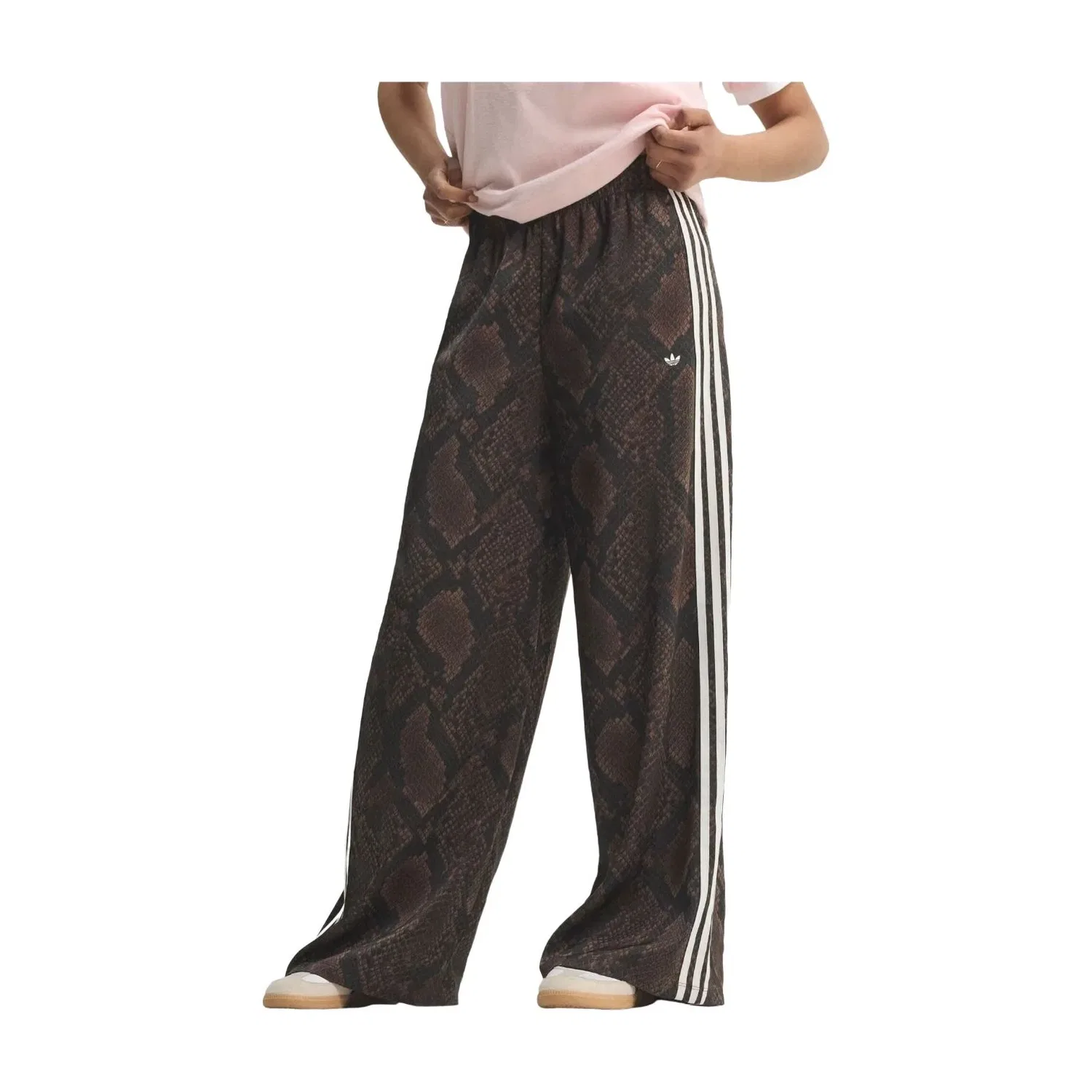 Женские брюки с широкими штанинами из атласа с змеиным принтом Satin Snake Print Wide Leg Track Pant Adidas, коричневый — фото 2