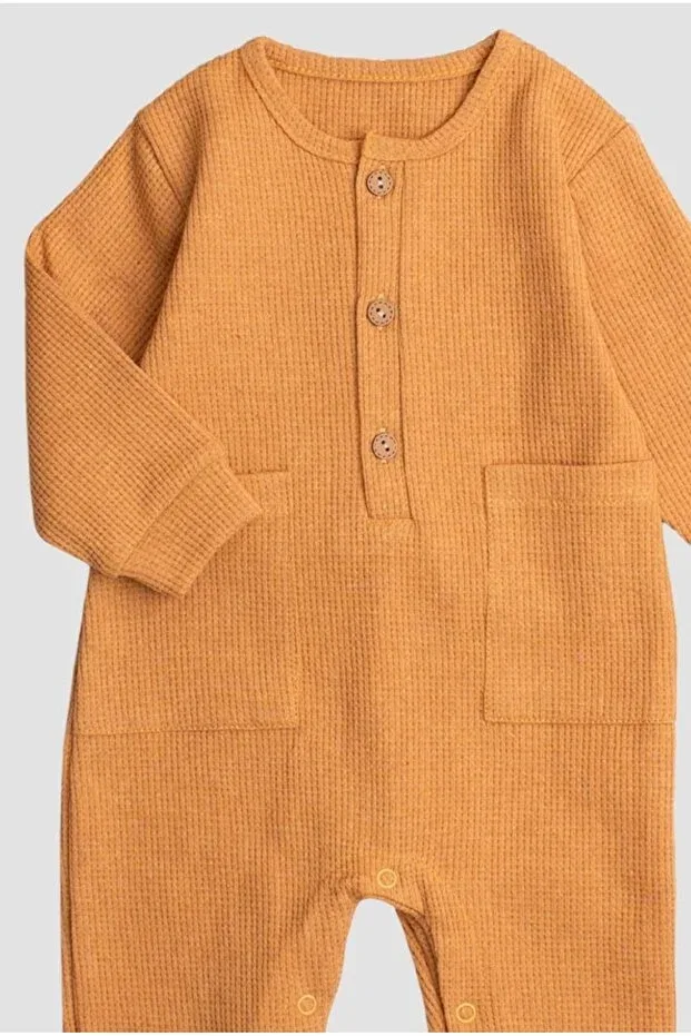 Детский комбинезон для девочек хлопковый Waffle visual wooden button cotton baby romper Chicsy Baby, Hardal — фото 2