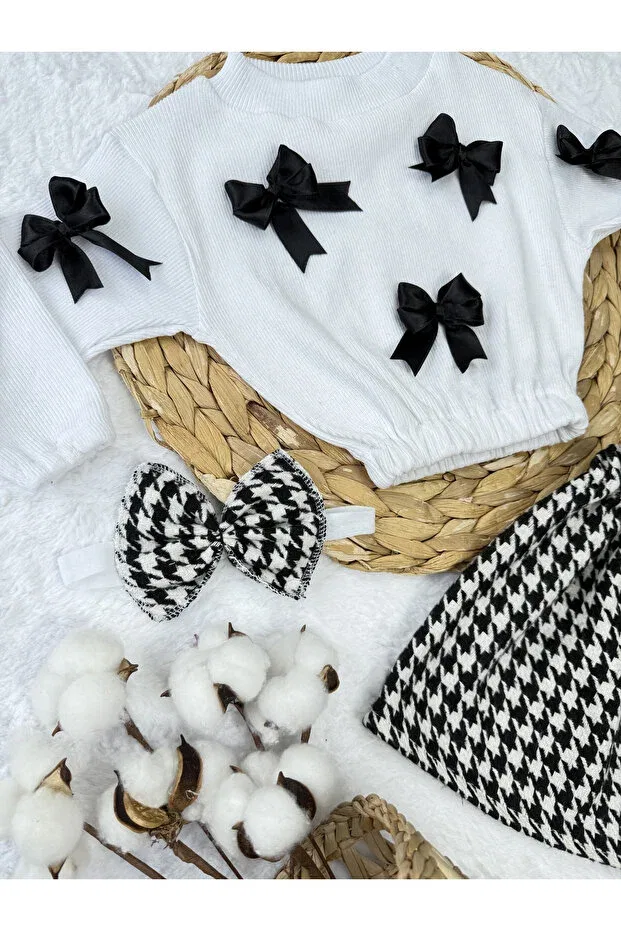 Детский комплект для девочек хлопковый Girl & baby set bow badi houndstooth skirt bandana set Akif Giyim, Black — фото 2
