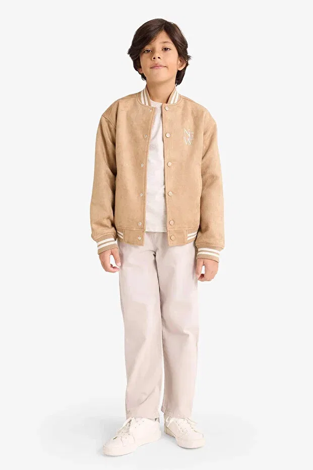 Детское зимнее пальто для мальчиков с вышивкой College Collar Bomber Defacto, Beige-Bg219 — фото 2