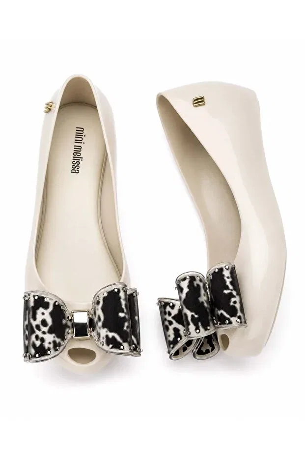 Детские балетки для девочек с бантом Mini Melissa, Beige - Black — фото 2