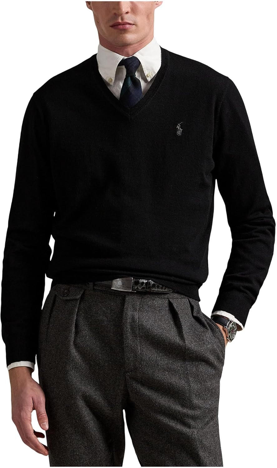 

Polo Ralph Lauren мужской стираемый шерстяной свитер с V-образным вырезом, Polo Black 1