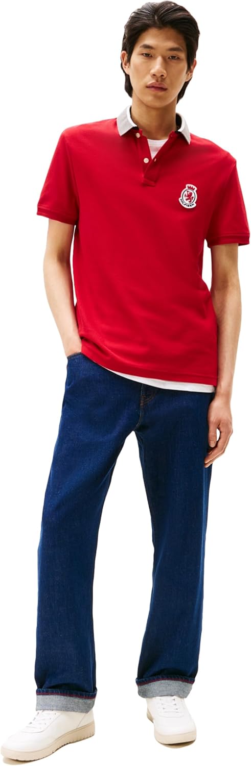 Мужские поло Tommy Hilfiger с коротким рукавом, классического кроя, с узорами на воротнике и гербе, Medium Red — фото 3