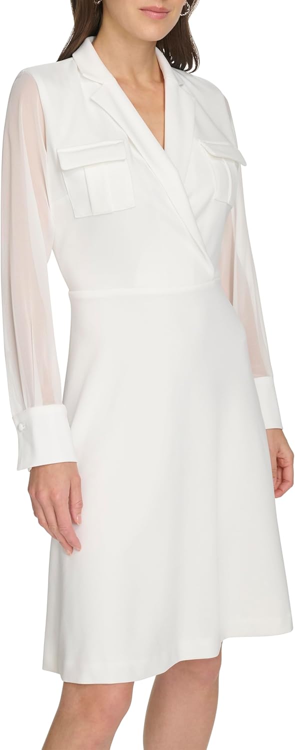 Женское платье-трапеция Calvin Klein из крепа-скуба с длинными рукавами, Wht/Wht — фото 3