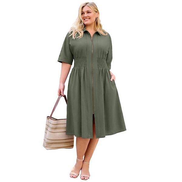 

Женское платье plus size со сборками и молнией спереди Avenue, Olive Green