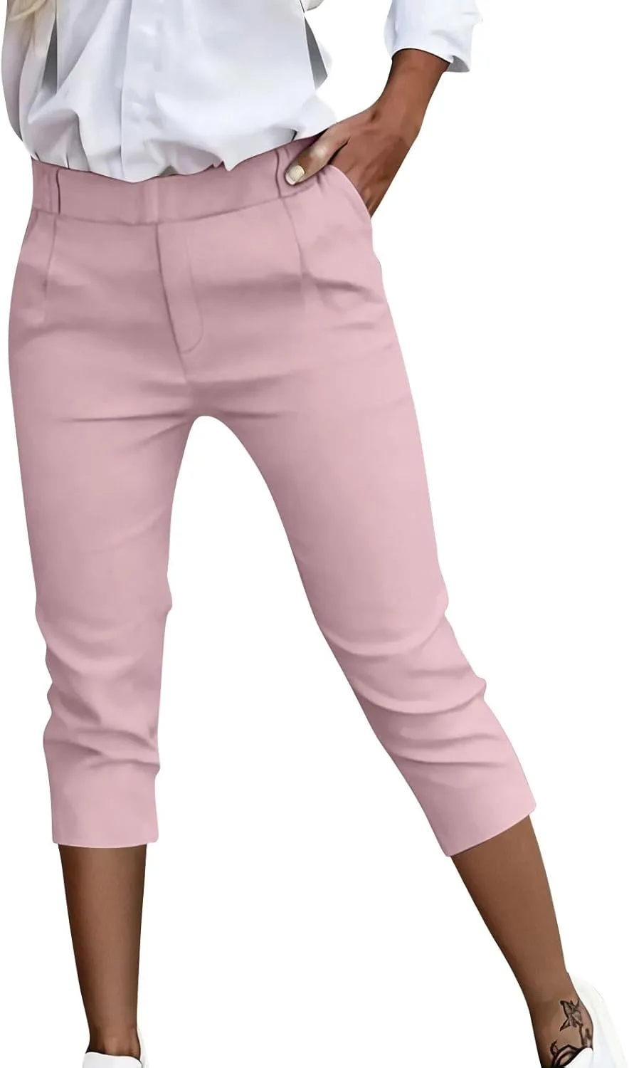 2026 Solid Capri Pants для женщин с высокой посадкой, прямые брюки-капри на резинке Generic, розовый