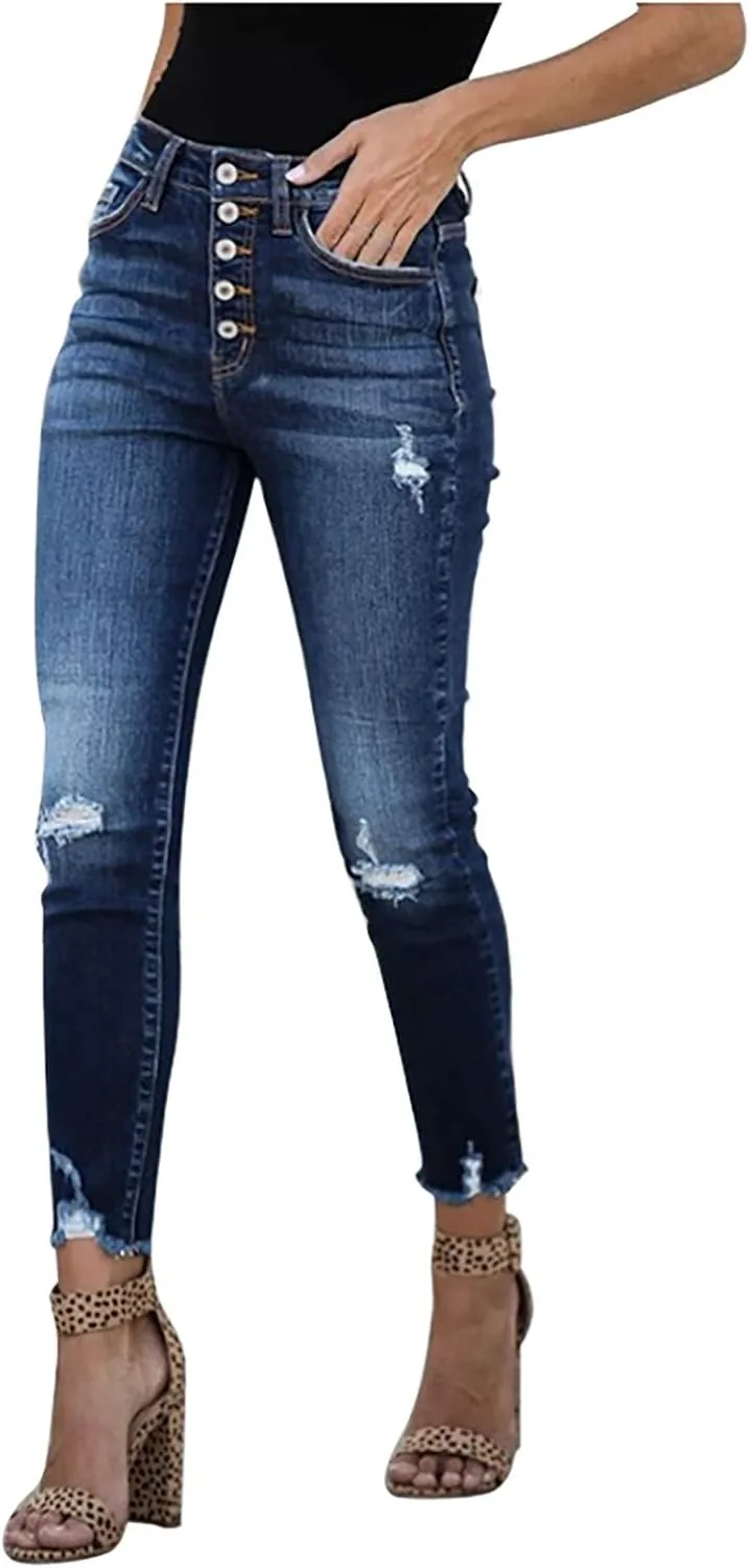 

Женские джинсы скинни с высокой талией, рваные и потертые, с эффектом стройнящего силуэта