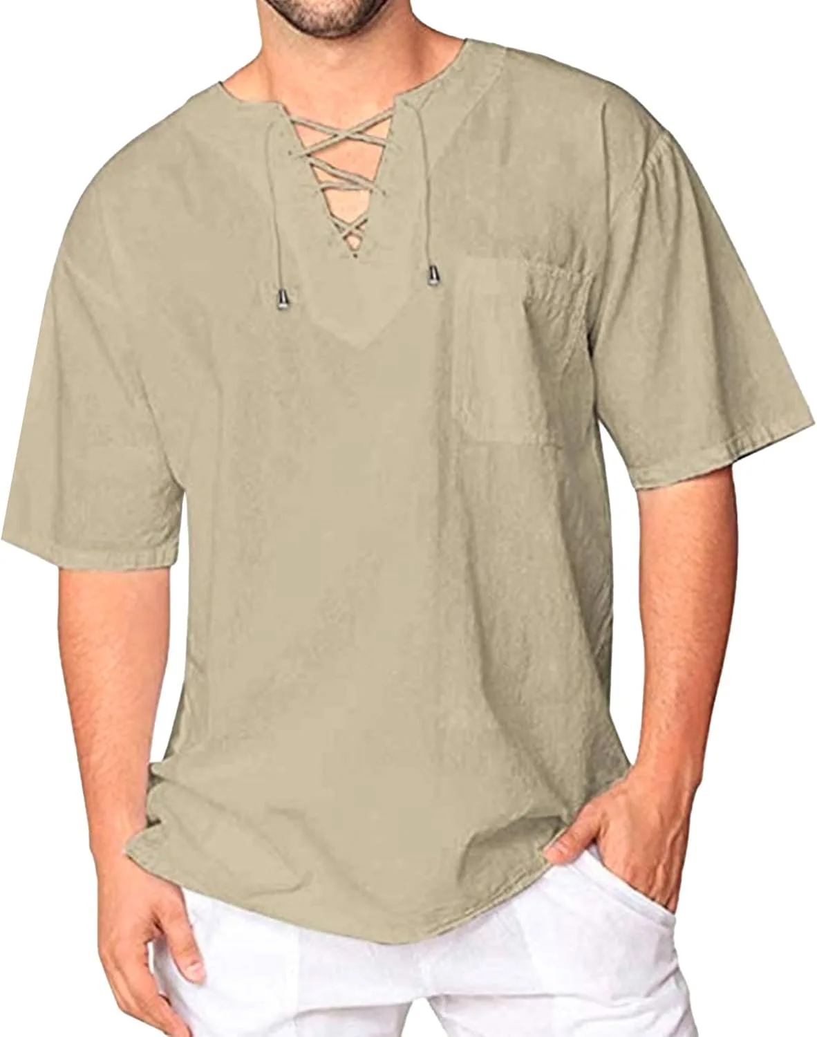 

Мужская хлопковая летняя футболка с карманом и шнуровкой Aosufei