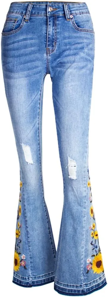 

Женские джинсы-клеш с широкими штанинами и цветочной вышивкой RSBFK