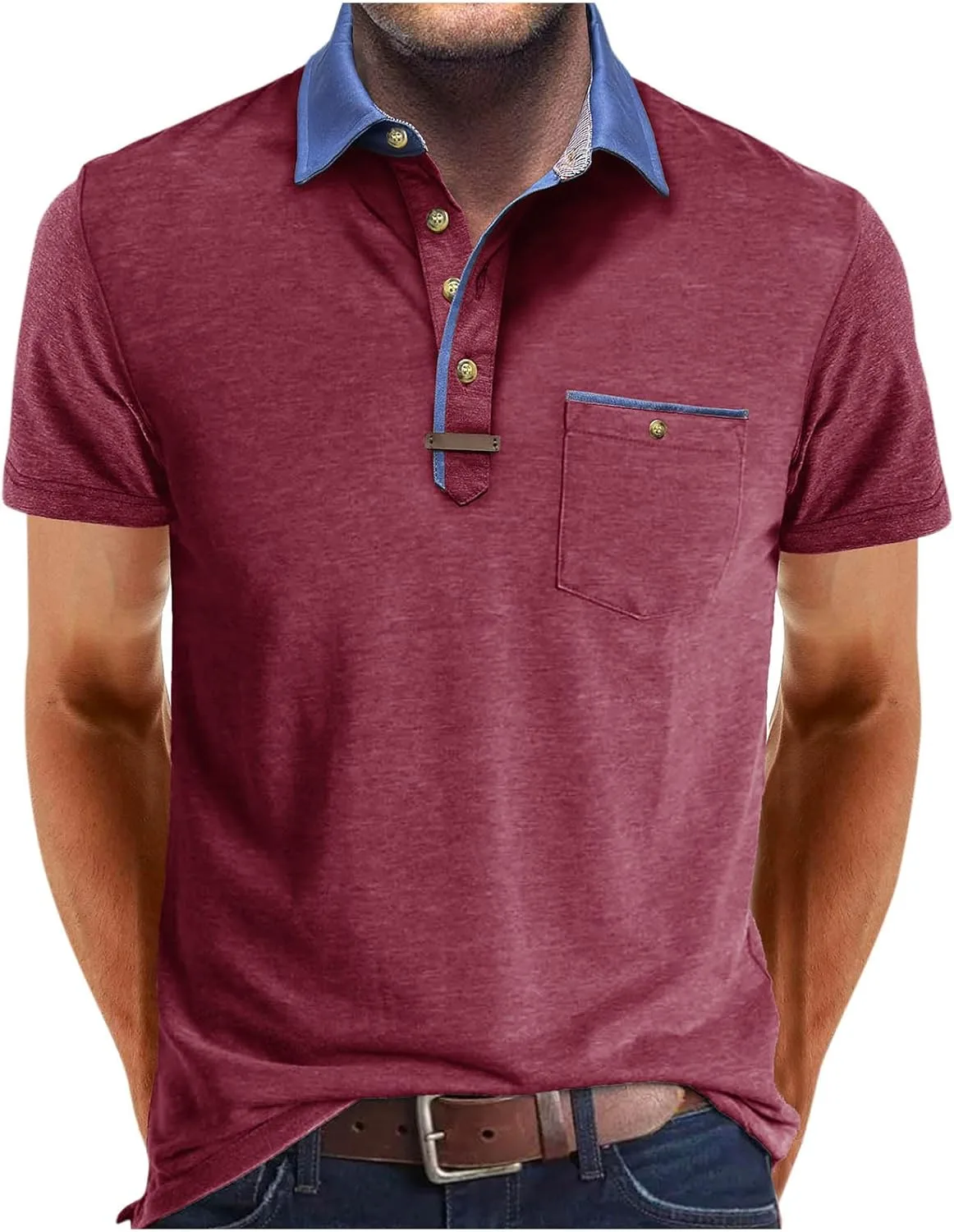 

Джинсовые поло для мужчин Vintage Slim Fit с коротким рукавом и карманами