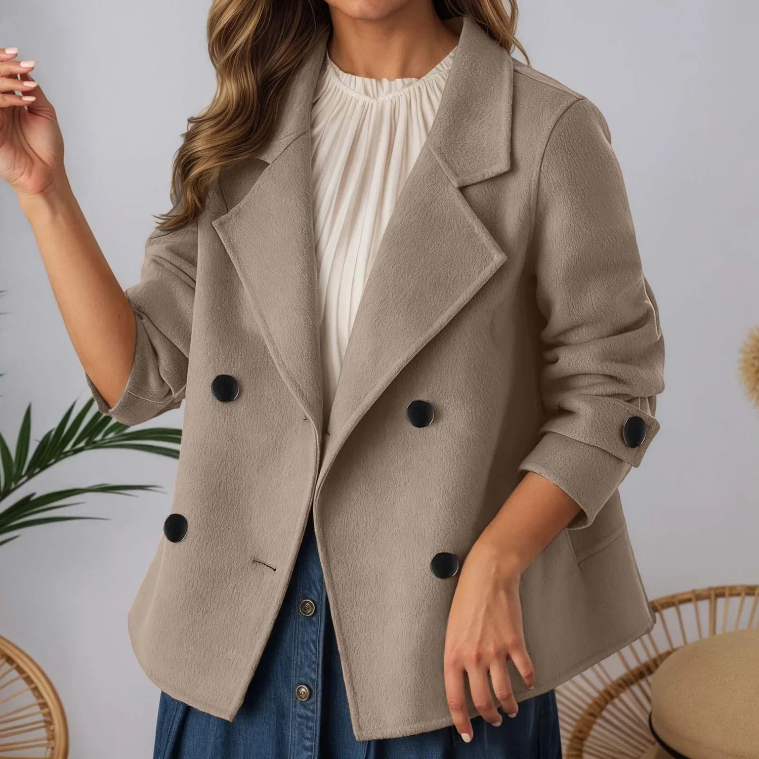 Женское двубортное пальто с принтом, модель Cappotto corto doppiopetto misto casual, giacca trench autunnale, capospalla da indossare tutti i giorni, Caffè — фото 2