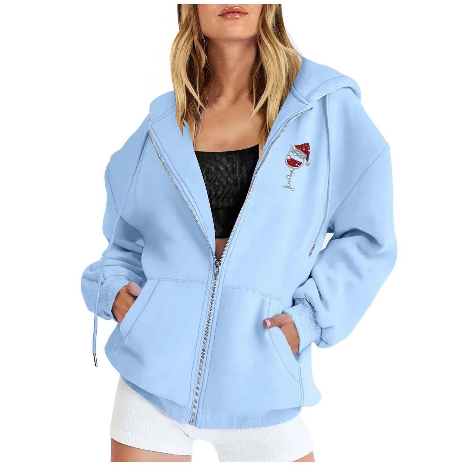 Женское худи с принтом Fashion Christmas Printed Zipper Long Sleeve Pocket Drawstring Casual Sport Hoodie, blu cielo — фото 2