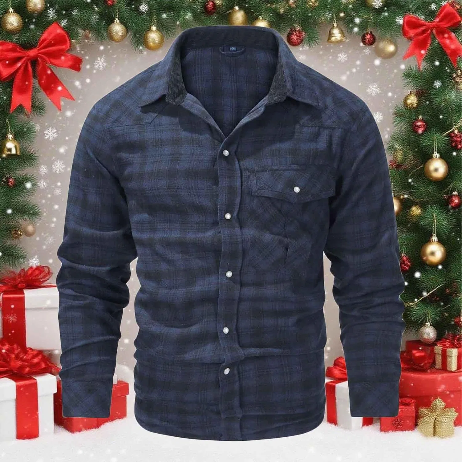 Мужская рубашка на пуговицах с флисом, клетчатая, Slim Fit, синий — фото 2