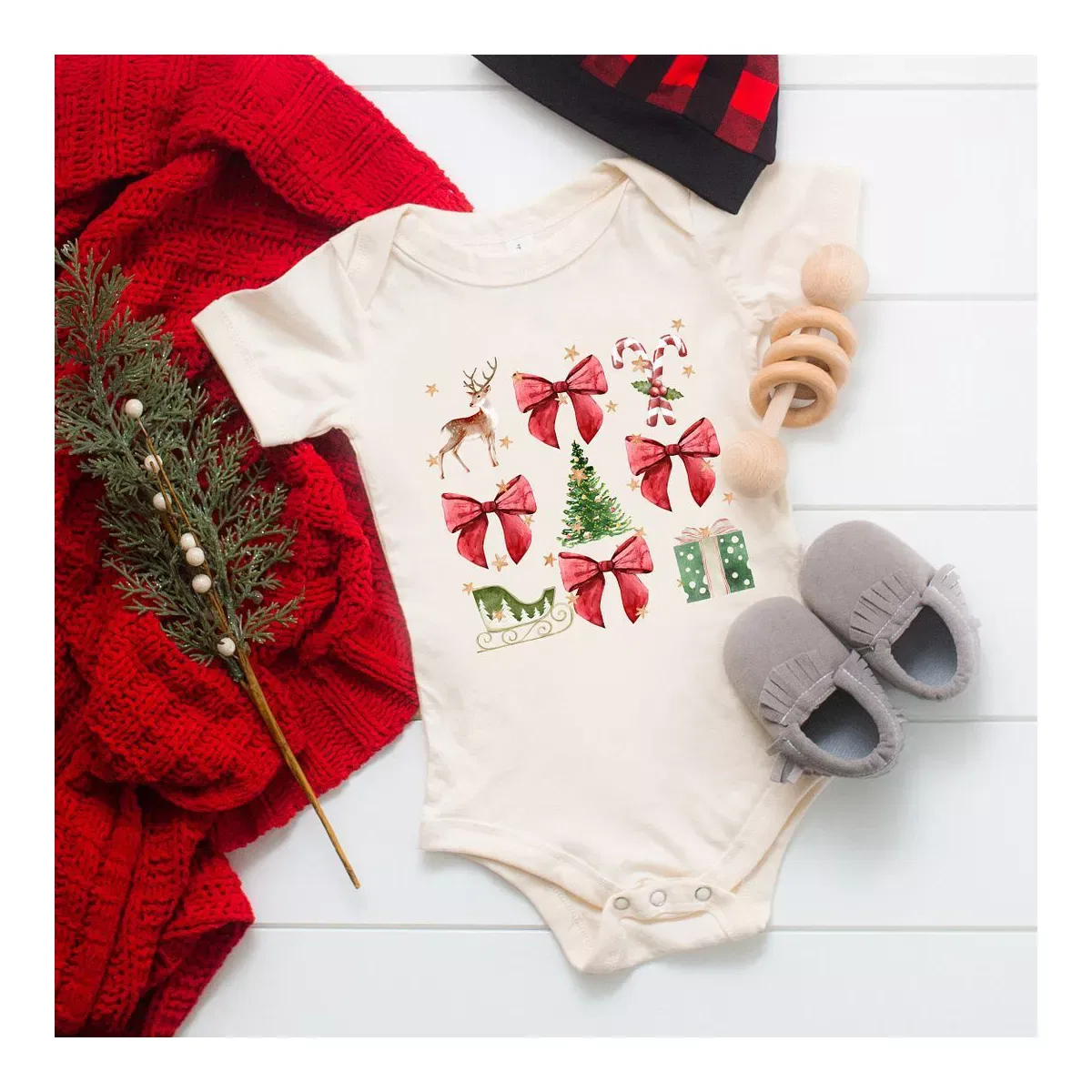 Детское боди для девочек с коротким рукавом Coquette Christmas Collage The Juniper Shop, Natural — фото 2