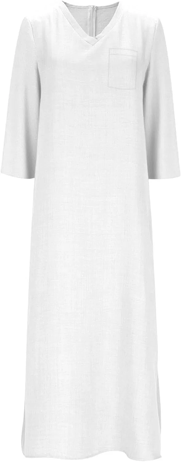 Женское летнее макси-платье богемного стиля с 3/4 рукавом, Cotton Linen, White — фото 4