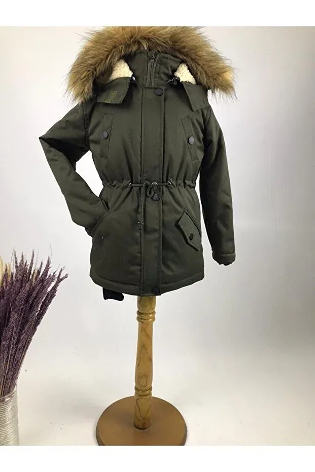 Детское зимнее пальто на молнии с капюшоном из меха, водоотталкивающее, Günce Moda, Green