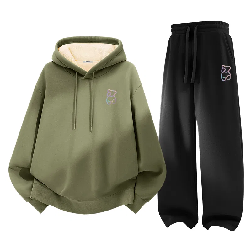 Детский комплект свитшотов с капюшоном утепленный MINISO, Gray Pea Green + Black
