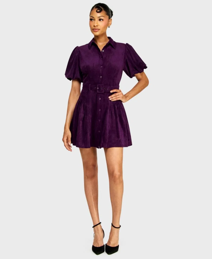 Платье мини с поясом и пуговицами спереди, модель Button-Front Suede Belted Mini Dress Alex & Sophia, Eggplant — фото 2