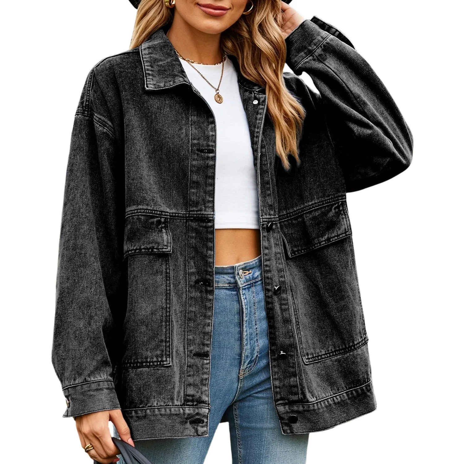 Женская джинсовая куртка oversize с эффектом потертости, модель trucker, Nero