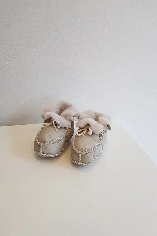 Детские пинетки из замши с мехом Unisex baby suede leather furry booties Papulin, Gray