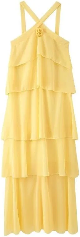 Женское платье-комбинация с защипами, Yellow