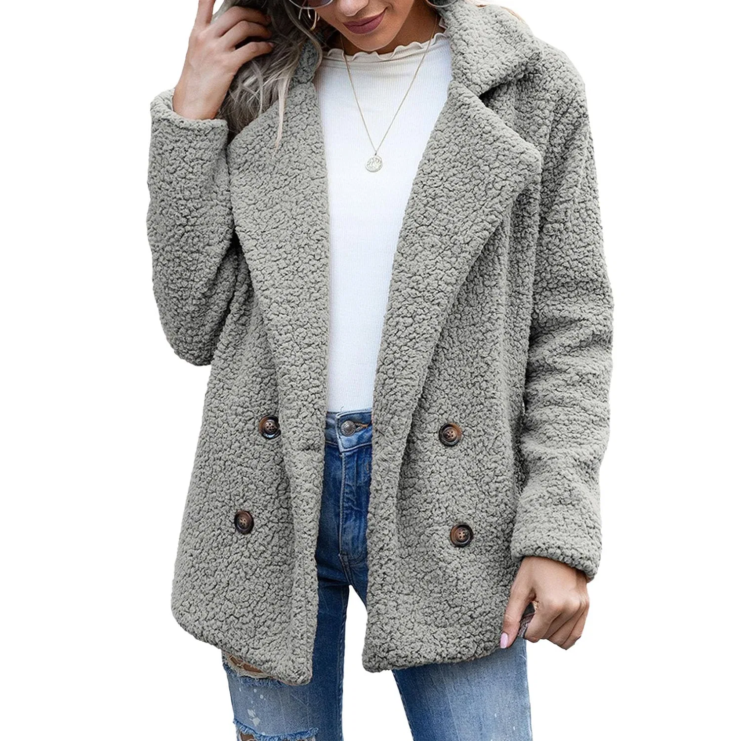 Женское длинное пальто из искусственного меха с принтом, модель Oversized Warm Jacket, bright grey (ral 7035) — фото 2