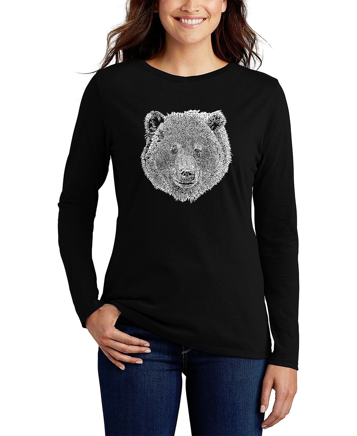 

Женская футболка с длинным рукавом word art bear face LA Pop Art, черный