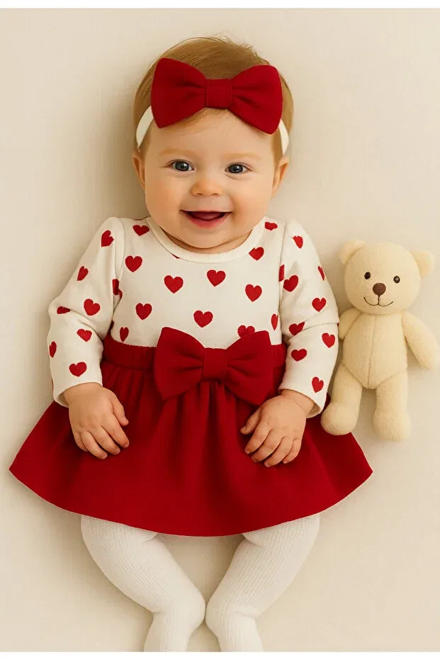Детский комплект для девочек с принтом Heart Patterned Bebekpare, Red