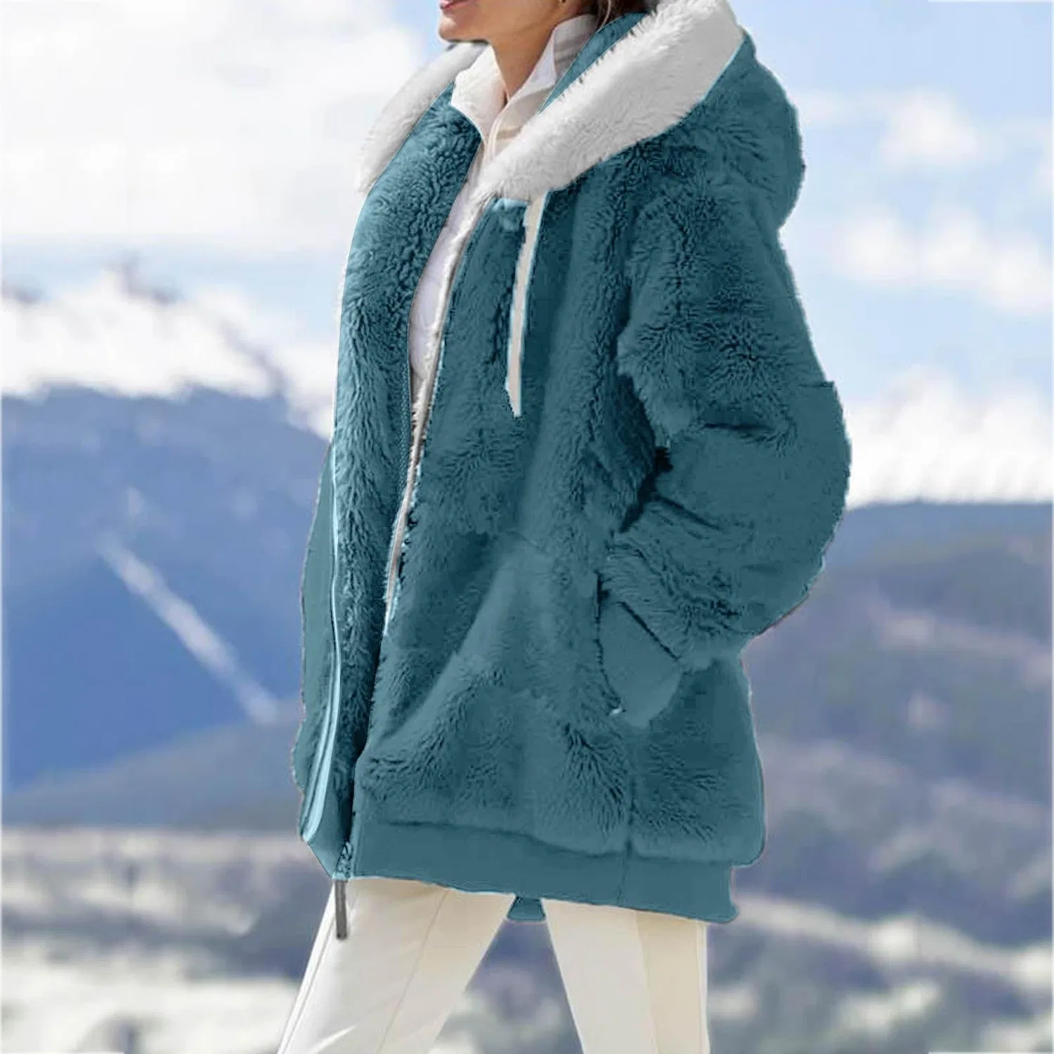Женское утепленное пальто с флисом и капюшоном, зеленое, Teddy Coats for Women, Blu — фото 4