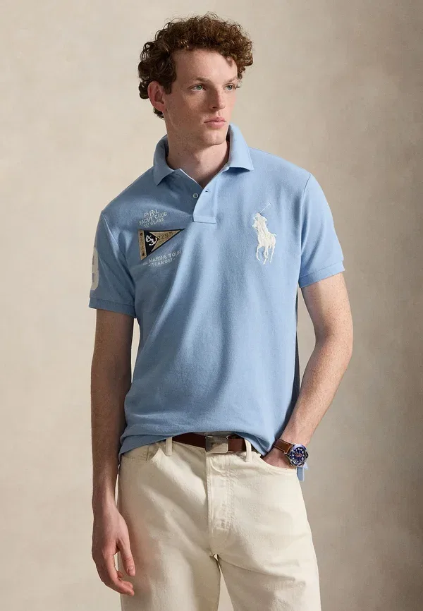 Поло с вышивкой Custom Slim Fit Big Pony Polo Ralph Lauren Nevis/Newport Navy, светло-голубой
